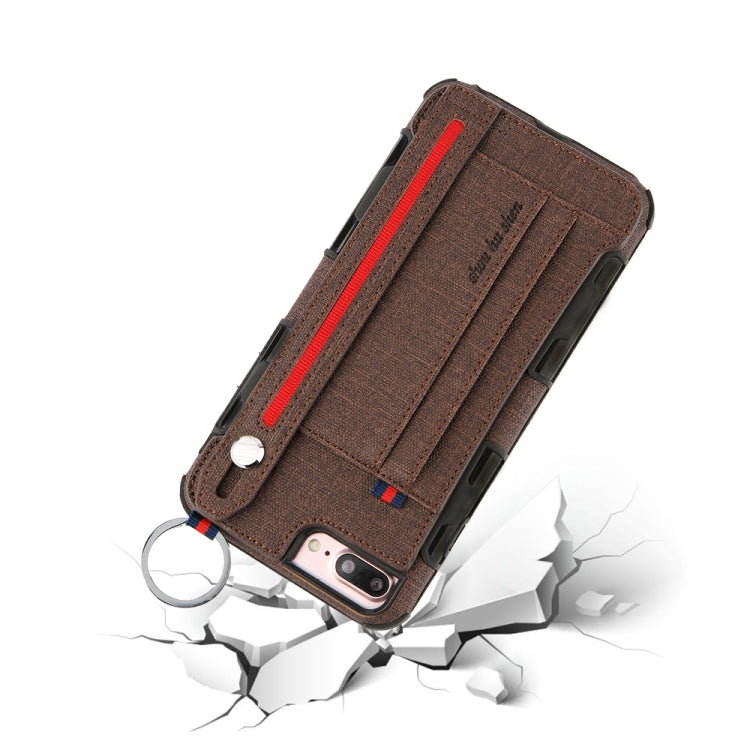 For iPhone 8 Plus & 7 Plus Cloth Texture + TPU Shockproof Protective Case with Metal Ring & Holder & Card Slots & Hanging Strap