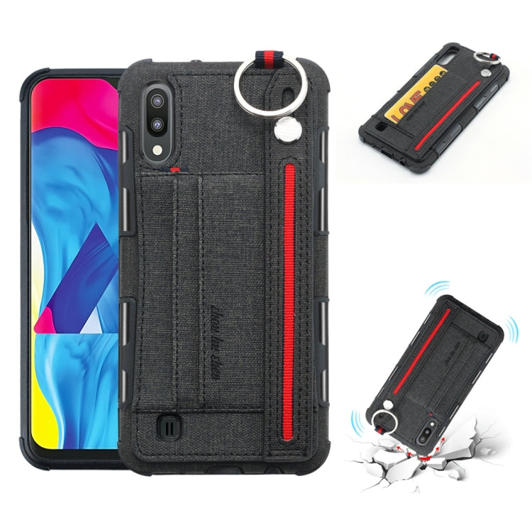 For Galaxy M10 Cloth Texture + TPU Shockproof Protective Case with Metal Ring & Holder & Card Slots & Hanging Strap