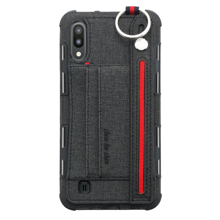 For Galaxy M10 Cloth Texture + TPU Shockproof Protective Case with Metal Ring & Holder & Card Slots & Hanging Strap
