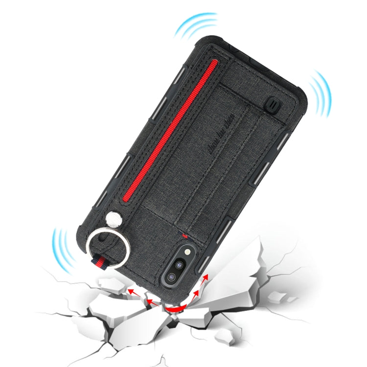 For Galaxy M10 Cloth Texture + TPU Shockproof Protective Case with Metal Ring & Holder & Card Slots & Hanging Strap