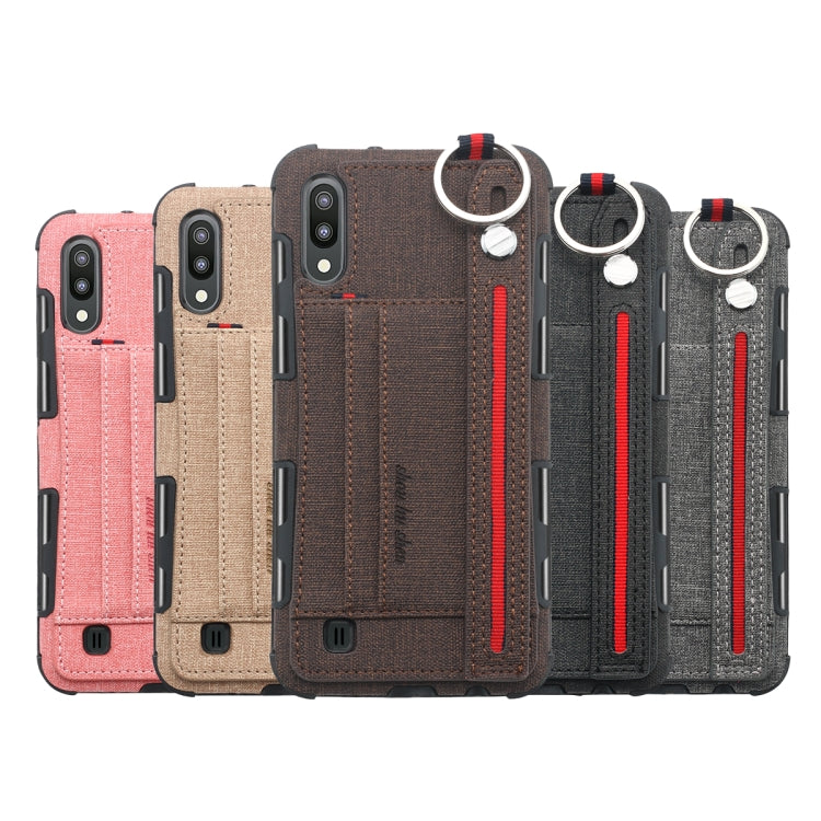 For Galaxy M10 Cloth Texture + TPU Shockproof Protective Case with Metal Ring & Holder & Card Slots & Hanging Strap