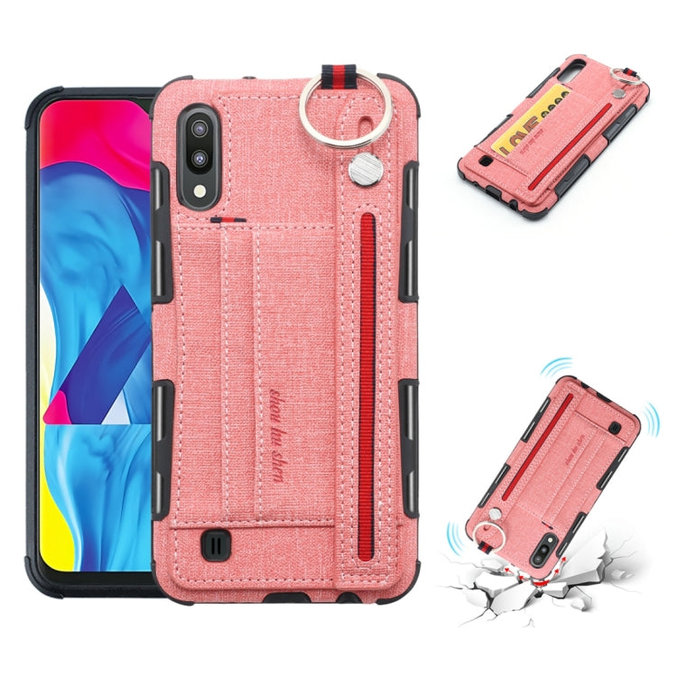 For Galaxy M10 Cloth Texture + TPU Shockproof Protective Case with Metal Ring & Holder & Card Slots & Hanging Strap
