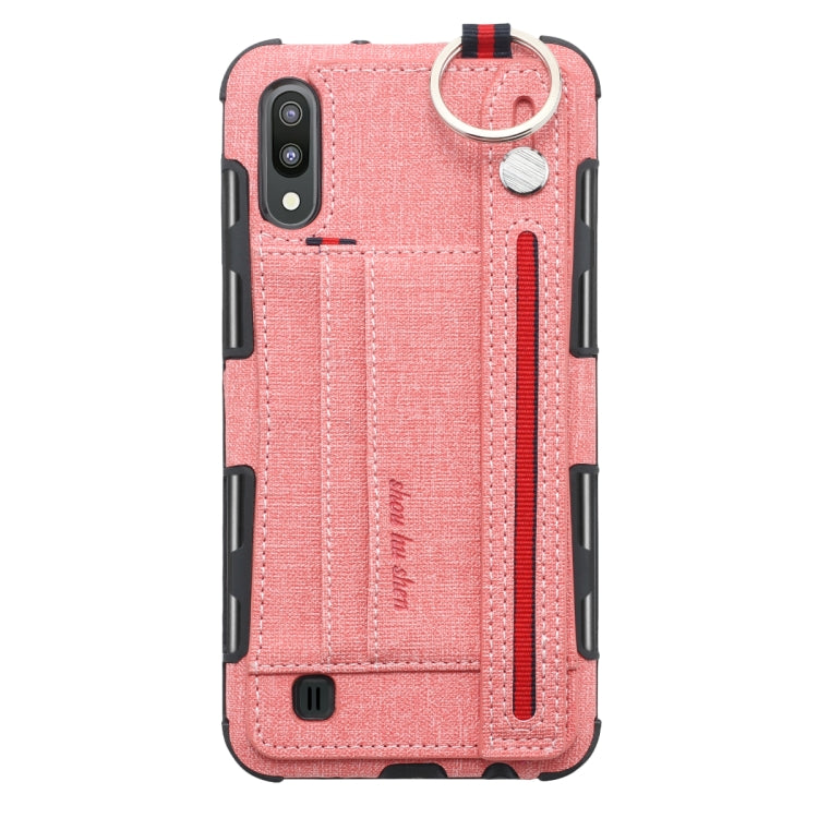 For Galaxy M10 Cloth Texture + TPU Shockproof Protective Case with Metal Ring & Holder & Card Slots & Hanging Strap