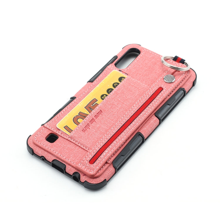 For Galaxy M10 Cloth Texture + TPU Shockproof Protective Case with Metal Ring & Holder & Card Slots & Hanging Strap
