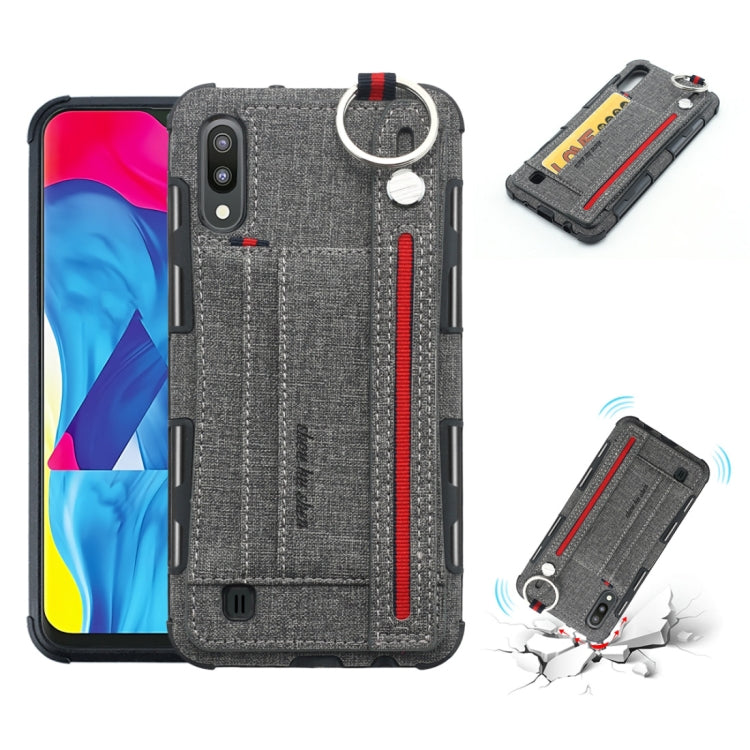 For Galaxy M10 Cloth Texture + TPU Shockproof Protective Case with Metal Ring & Holder & Card Slots & Hanging Strap