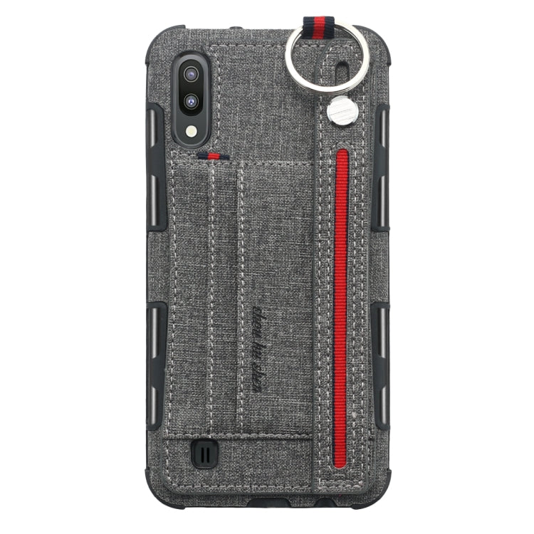 For Galaxy M10 Cloth Texture + TPU Shockproof Protective Case with Metal Ring & Holder & Card Slots & Hanging Strap