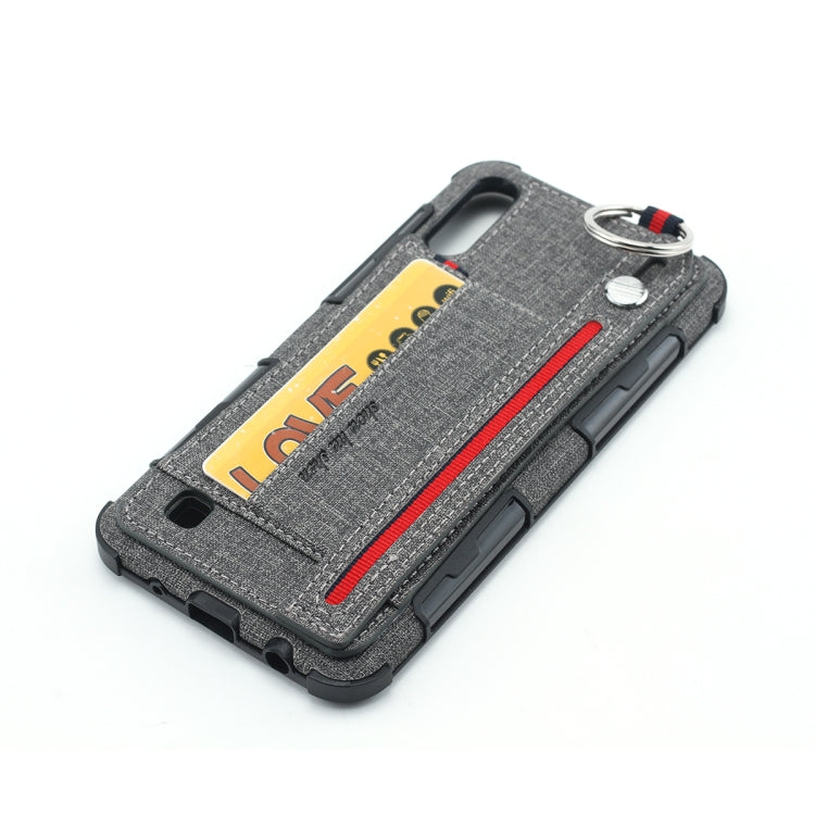 For Galaxy M10 Cloth Texture + TPU Shockproof Protective Case with Metal Ring & Holder & Card Slots & Hanging Strap