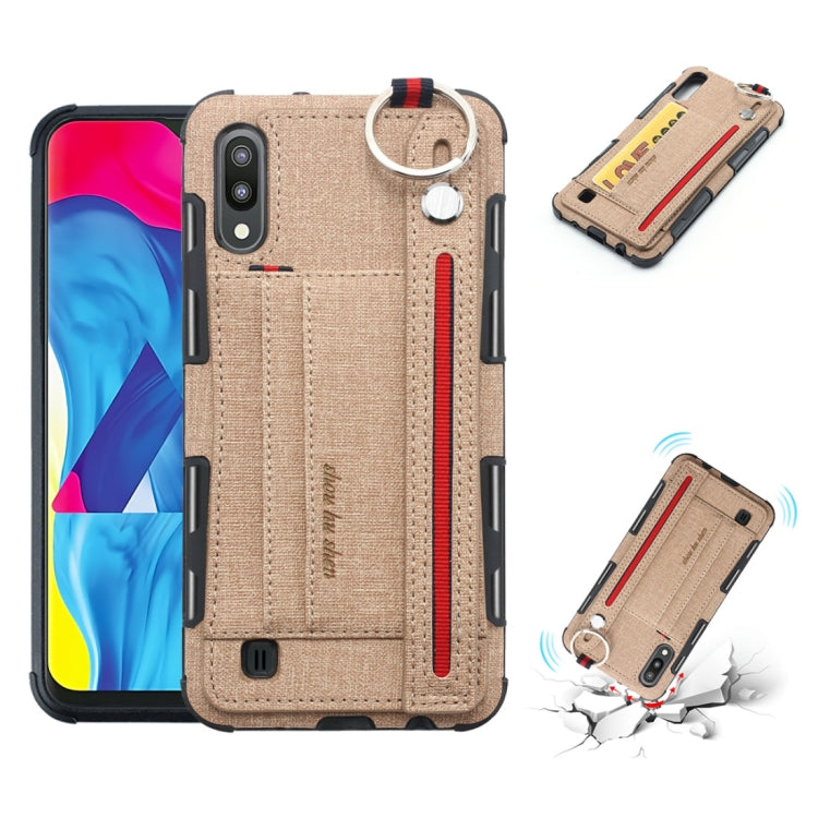 For Galaxy M10 Cloth Texture + TPU Shockproof Protective Case with Metal Ring & Holder & Card Slots & Hanging Strap