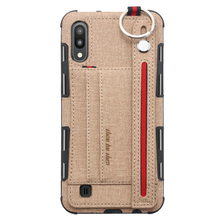 For Galaxy M10 Cloth Texture + TPU Shockproof Protective Case with Metal Ring & Holder & Card Slots & Hanging Strap