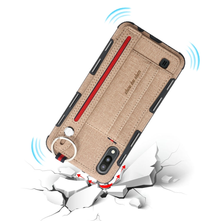 For Galaxy M10 Cloth Texture + TPU Shockproof Protective Case with Metal Ring & Holder & Card Slots & Hanging Strap