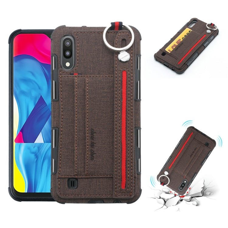 For Galaxy M10 Cloth Texture + TPU Shockproof Protective Case with Metal Ring & Holder & Card Slots & Hanging Strap