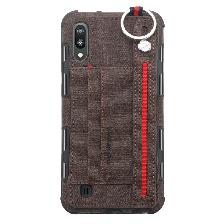 For Galaxy M10 Cloth Texture + TPU Shockproof Protective Case with Metal Ring & Holder & Card Slots & Hanging Strap