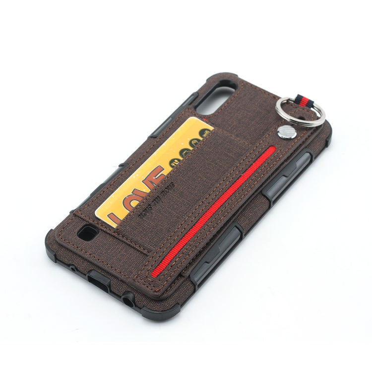 For Galaxy M10 Cloth Texture + TPU Shockproof Protective Case with Metal Ring & Holder & Card Slots & Hanging Strap