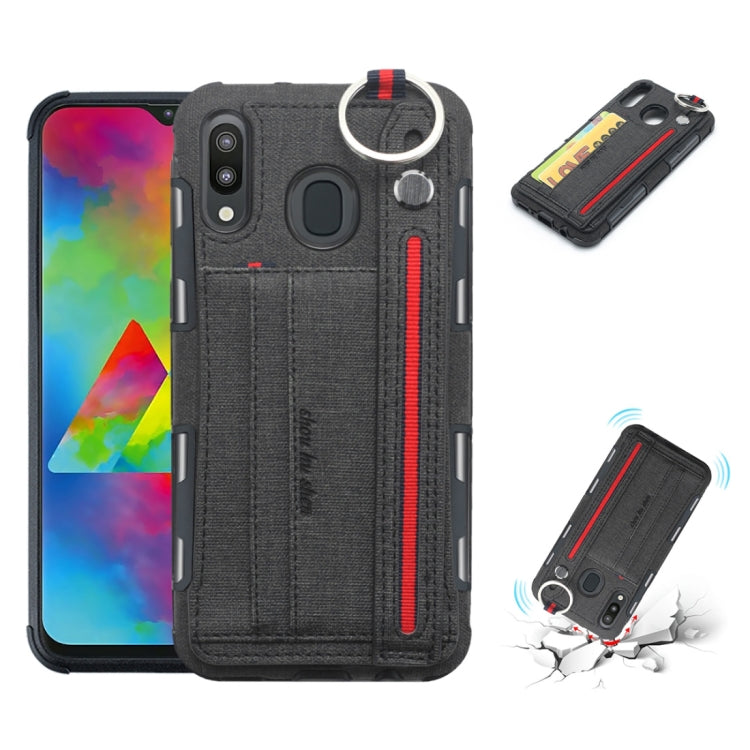 For Galaxy M20 Cloth Texture + TPU Shockproof Protective Case with Metal Ring & Holder & Card Slots & Hanging Strap