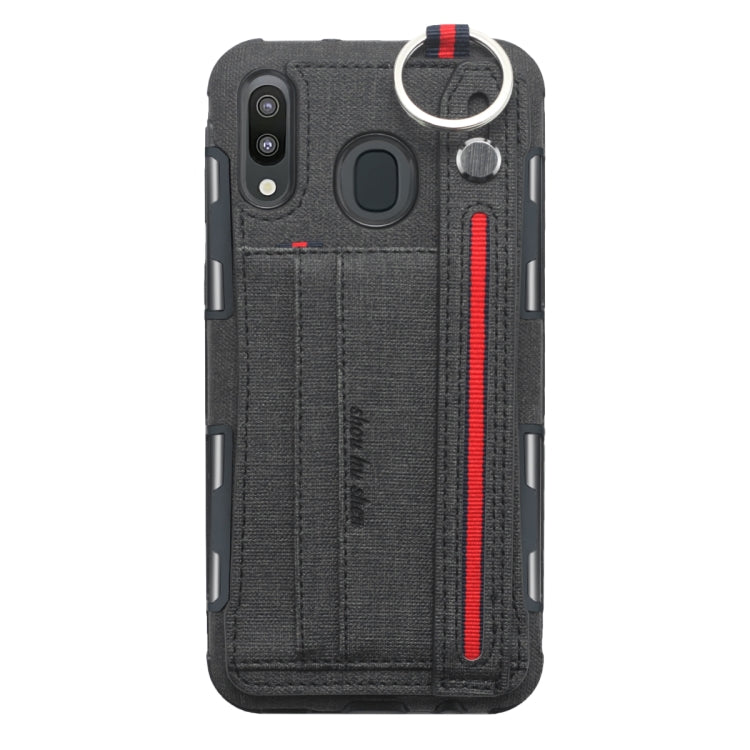 For Galaxy M20 Cloth Texture + TPU Shockproof Protective Case with Metal Ring & Holder & Card Slots & Hanging Strap