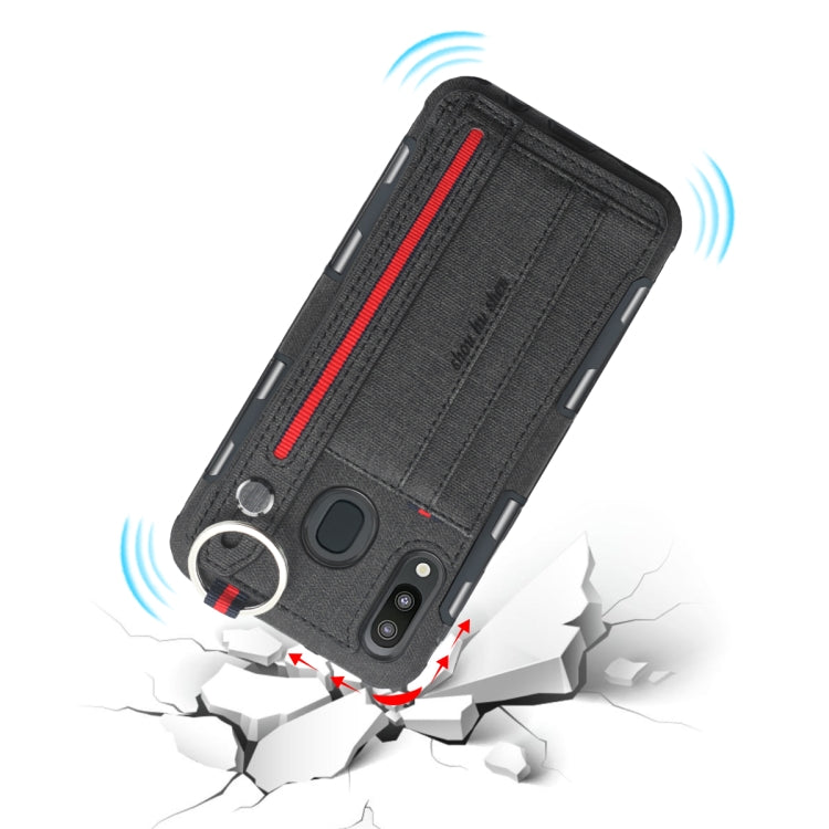 For Galaxy M20 Cloth Texture + TPU Shockproof Protective Case with Metal Ring & Holder & Card Slots & Hanging Strap