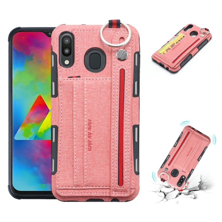For Galaxy M20 Cloth Texture + TPU Shockproof Protective Case with Metal Ring & Holder & Card Slots & Hanging Strap