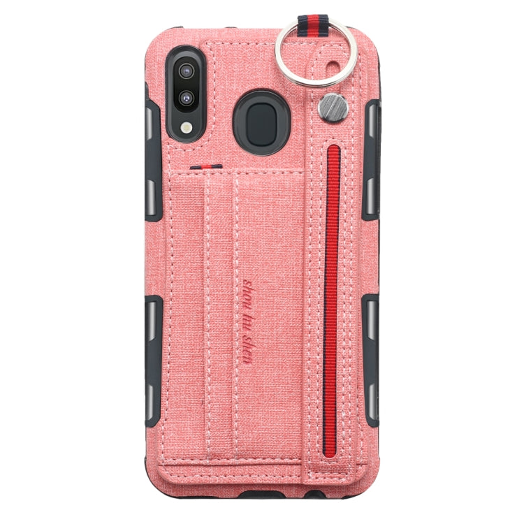 For Galaxy M20 Cloth Texture + TPU Shockproof Protective Case with Metal Ring & Holder & Card Slots & Hanging Strap