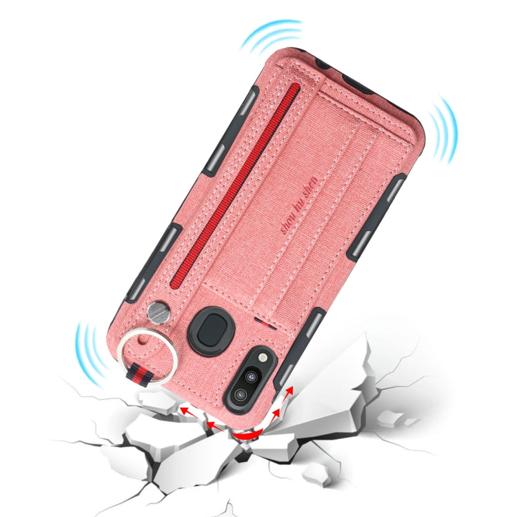 For Galaxy M20 Cloth Texture + TPU Shockproof Protective Case with Metal Ring & Holder & Card Slots & Hanging Strap