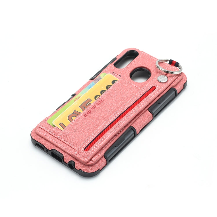 For Galaxy M20 Cloth Texture + TPU Shockproof Protective Case with Metal Ring & Holder & Card Slots & Hanging Strap
