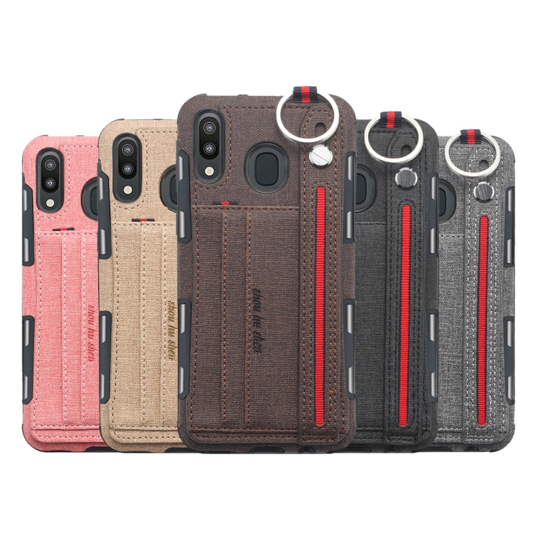 For Galaxy M20 Cloth Texture + TPU Shockproof Protective Case with Metal Ring & Holder & Card Slots & Hanging Strap