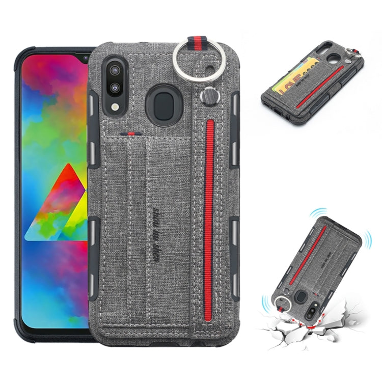 For Galaxy M20 Cloth Texture + TPU Shockproof Protective Case with Metal Ring & Holder & Card Slots & Hanging Strap