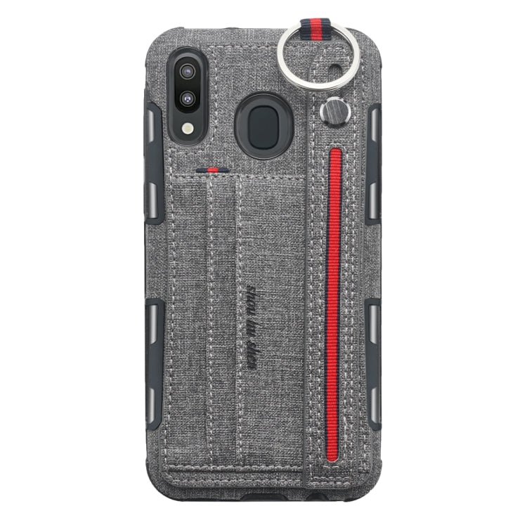 For Galaxy M20 Cloth Texture + TPU Shockproof Protective Case with Metal Ring & Holder & Card Slots & Hanging Strap