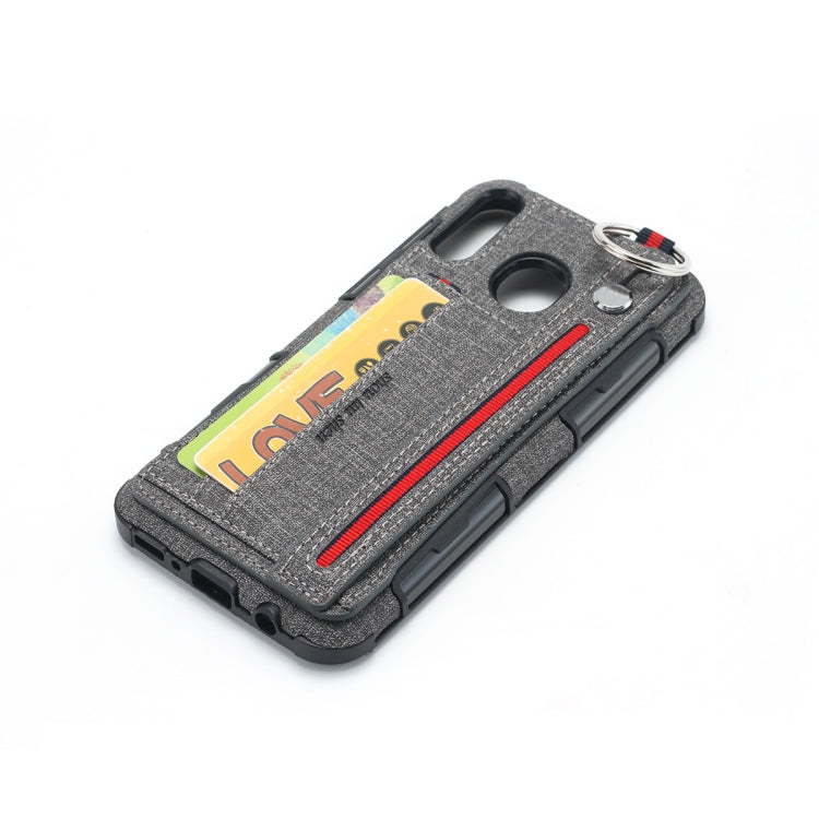 For Galaxy M20 Cloth Texture + TPU Shockproof Protective Case with Metal Ring & Holder & Card Slots & Hanging Strap