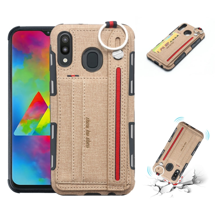 For Galaxy M20 Cloth Texture + TPU Shockproof Protective Case with Metal Ring & Holder & Card Slots & Hanging Strap