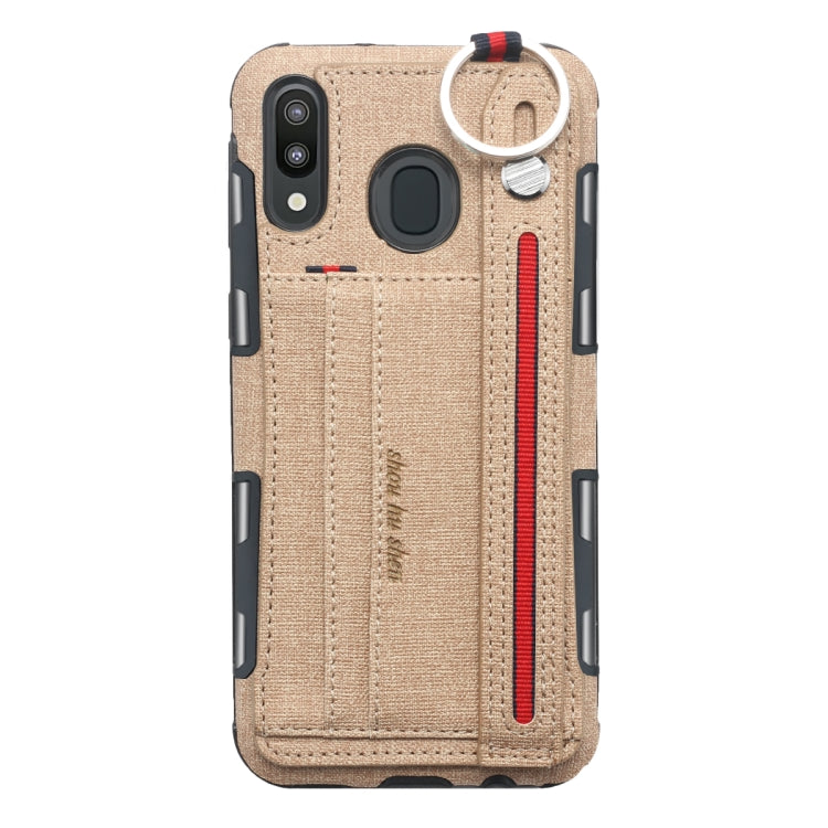 For Galaxy M20 Cloth Texture + TPU Shockproof Protective Case with Metal Ring & Holder & Card Slots & Hanging Strap
