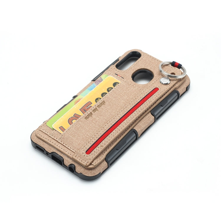 For Galaxy M20 Cloth Texture + TPU Shockproof Protective Case with Metal Ring & Holder & Card Slots & Hanging Strap