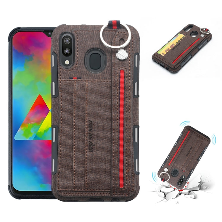 For Galaxy M20 Cloth Texture + TPU Shockproof Protective Case with Metal Ring & Holder & Card Slots & Hanging Strap