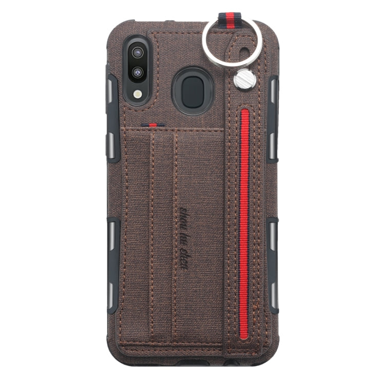 For Galaxy M20 Cloth Texture + TPU Shockproof Protective Case with Metal Ring & Holder & Card Slots & Hanging Strap