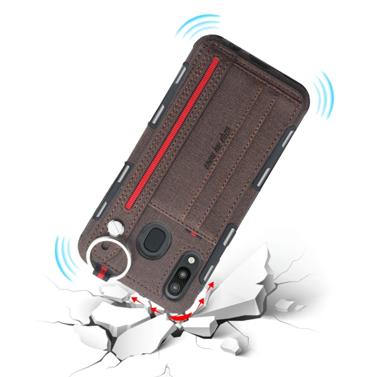 For Galaxy M20 Cloth Texture + TPU Shockproof Protective Case with Metal Ring & Holder & Card Slots & Hanging Strap