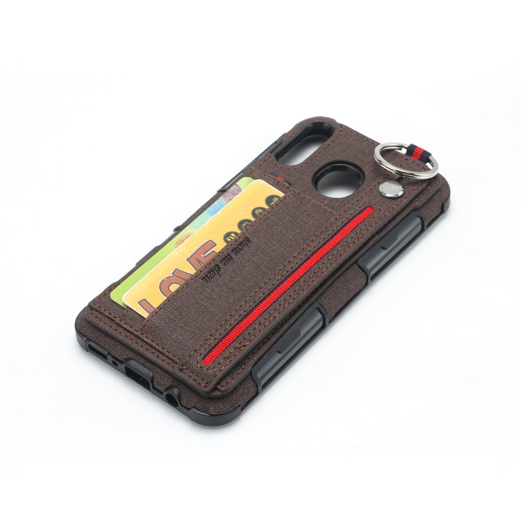 For Galaxy M20 Cloth Texture + TPU Shockproof Protective Case with Metal Ring & Holder & Card Slots & Hanging Strap