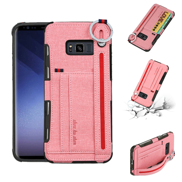 For Galaxy S8 Cloth Texture + TPU Shockproof Protective Case with Metal Ring & Holder & Card Slots & Hanging Strap