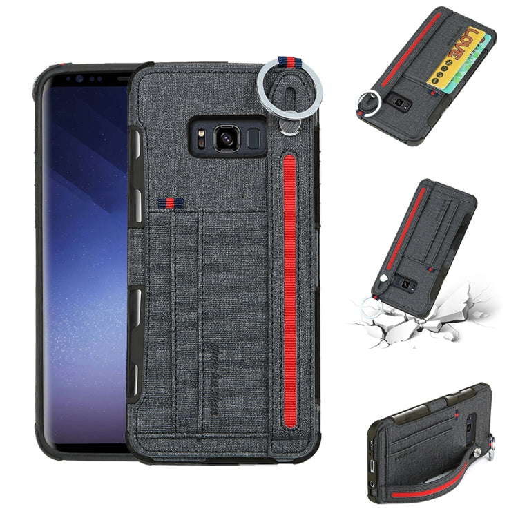 For Galaxy S8+ Cloth Texture + TPU Shockproof Protective Case with Metal Ring & Holder & Card Slots & Hanging Strap