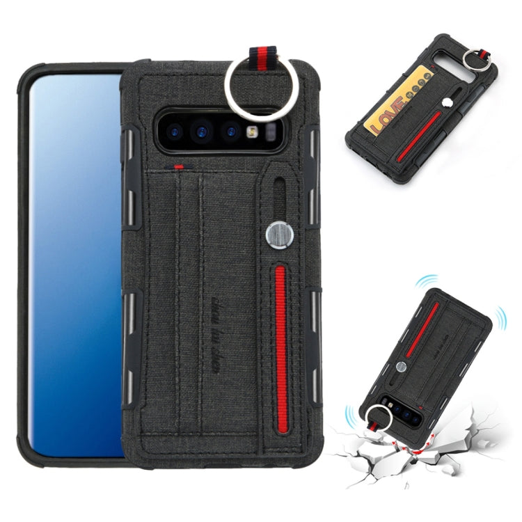 For Galaxy S10+ Cloth Texture + TPU Shockproof Protective Case with Metal Ring & Holder & Card Slots & Hanging Strap