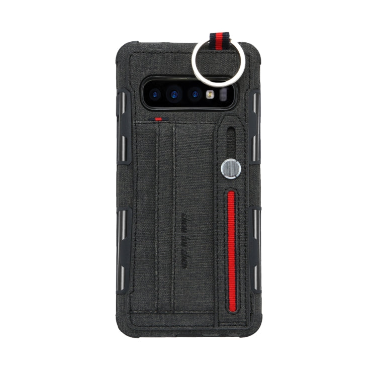 For Galaxy S10+ Cloth Texture + TPU Shockproof Protective Case with Metal Ring & Holder & Card Slots & Hanging Strap