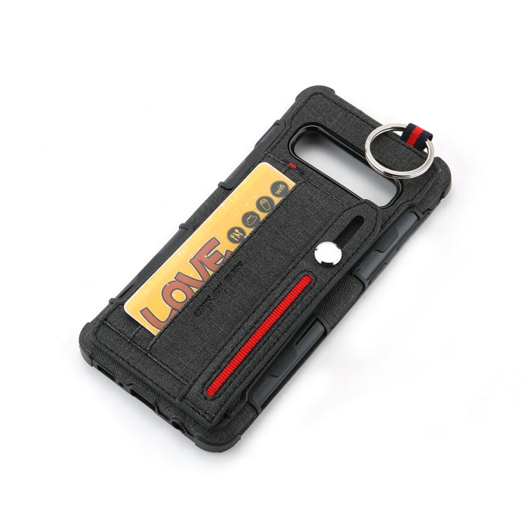 For Galaxy S10+ Cloth Texture + TPU Shockproof Protective Case with Metal Ring & Holder & Card Slots & Hanging Strap