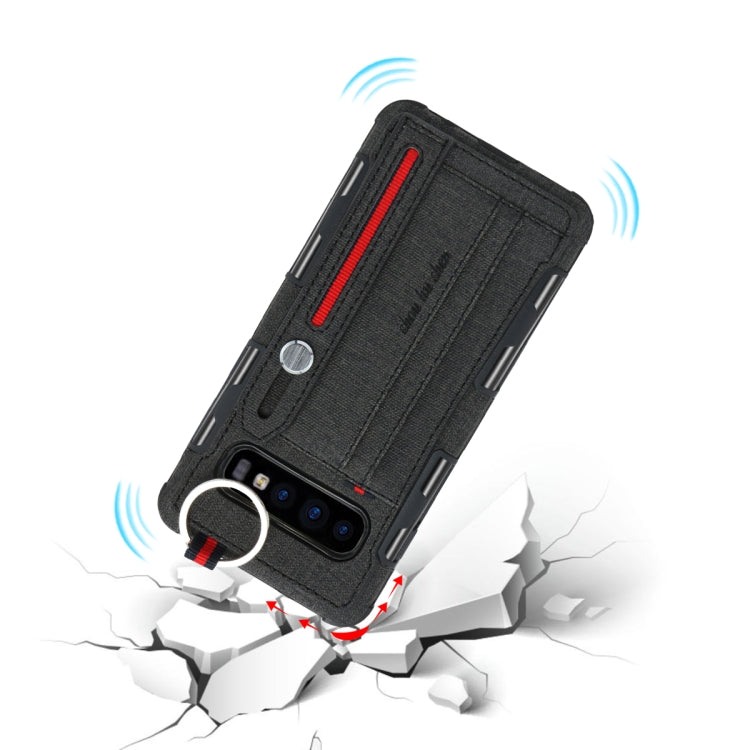 For Galaxy S10+ Cloth Texture + TPU Shockproof Protective Case with Metal Ring & Holder & Card Slots & Hanging Strap