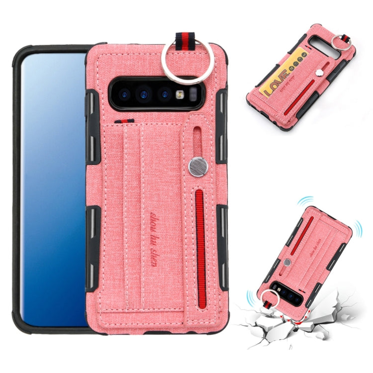 For Galaxy S10+ Cloth Texture + TPU Shockproof Protective Case with Metal Ring & Holder & Card Slots & Hanging Strap