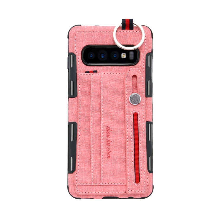 For Galaxy S10+ Cloth Texture + TPU Shockproof Protective Case with Metal Ring & Holder & Card Slots & Hanging Strap