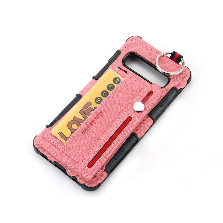 For Galaxy S10+ Cloth Texture + TPU Shockproof Protective Case with Metal Ring & Holder & Card Slots & Hanging Strap