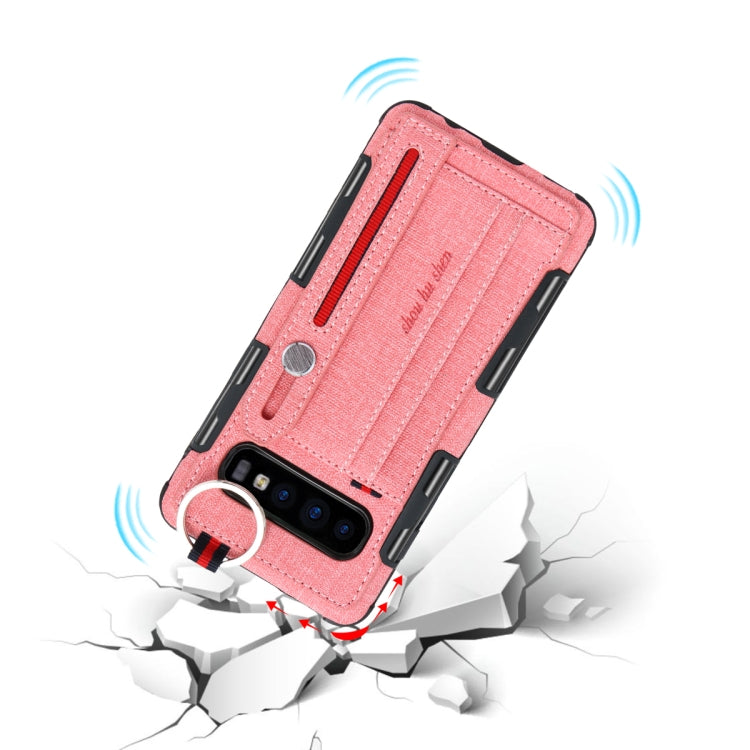 For Galaxy S10+ Cloth Texture + TPU Shockproof Protective Case with Metal Ring & Holder & Card Slots & Hanging Strap