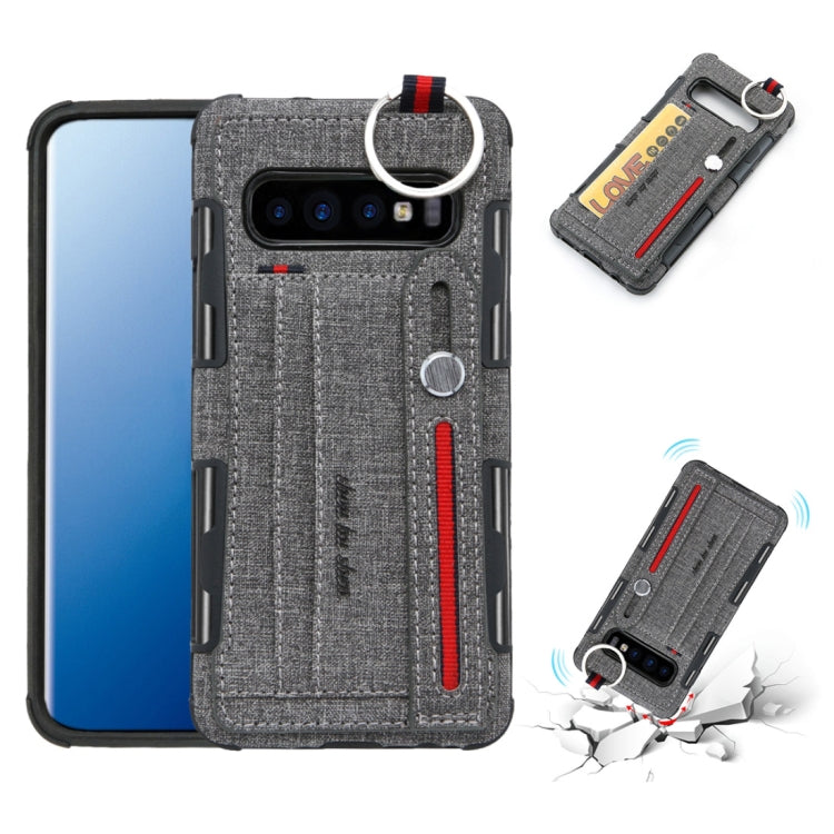 For Galaxy S10+ Cloth Texture + TPU Shockproof Protective Case with Metal Ring & Holder & Card Slots & Hanging Strap