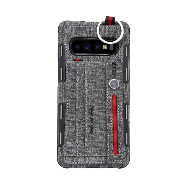 For Galaxy S10+ Cloth Texture + TPU Shockproof Protective Case with Metal Ring & Holder & Card Slots & Hanging Strap