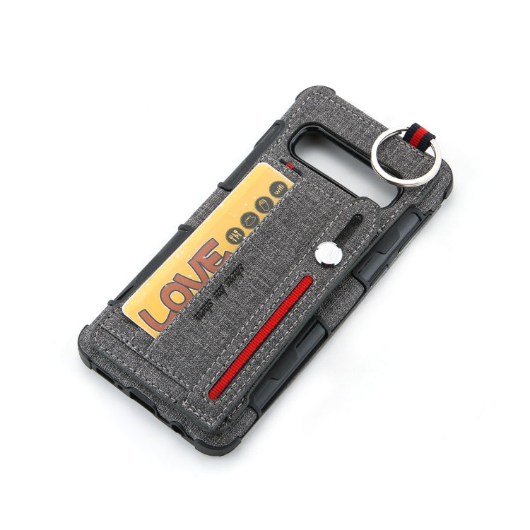 For Galaxy S10+ Cloth Texture + TPU Shockproof Protective Case with Metal Ring & Holder & Card Slots & Hanging Strap