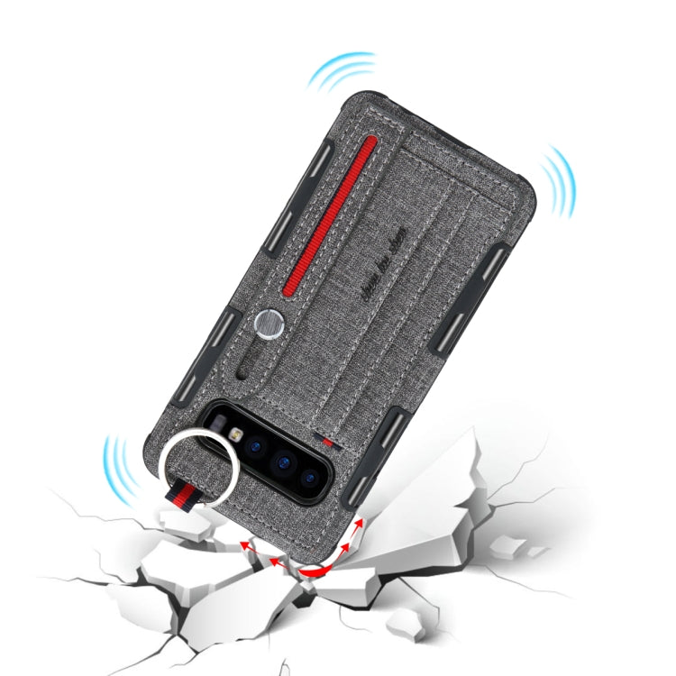For Galaxy S10+ Cloth Texture + TPU Shockproof Protective Case with Metal Ring & Holder & Card Slots & Hanging Strap