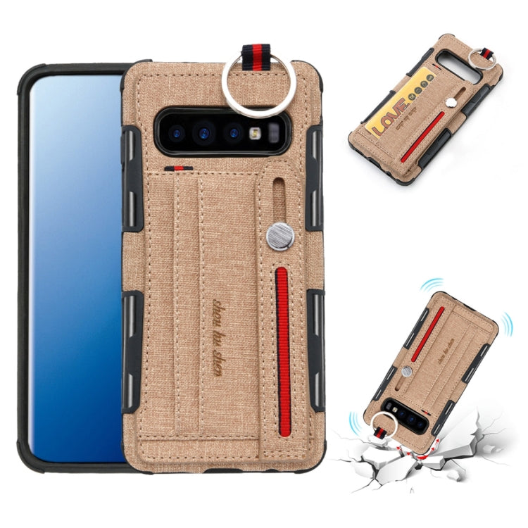 For Galaxy S10+ Cloth Texture + TPU Shockproof Protective Case with Metal Ring & Holder & Card Slots & Hanging Strap